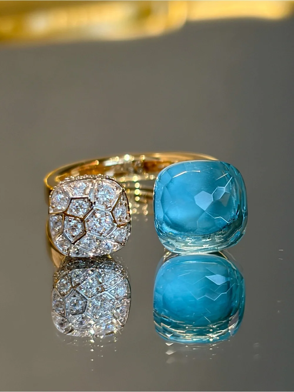 New Certified 14K Gold Plated S925 Two-Stone Sky Blue simulated Topaz Ring